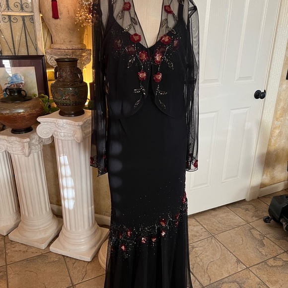 XSCAPE Sequence  and Beaded Floral (2) piece Set Silk Sheer Dress/Jacket - Picture 4 of 12